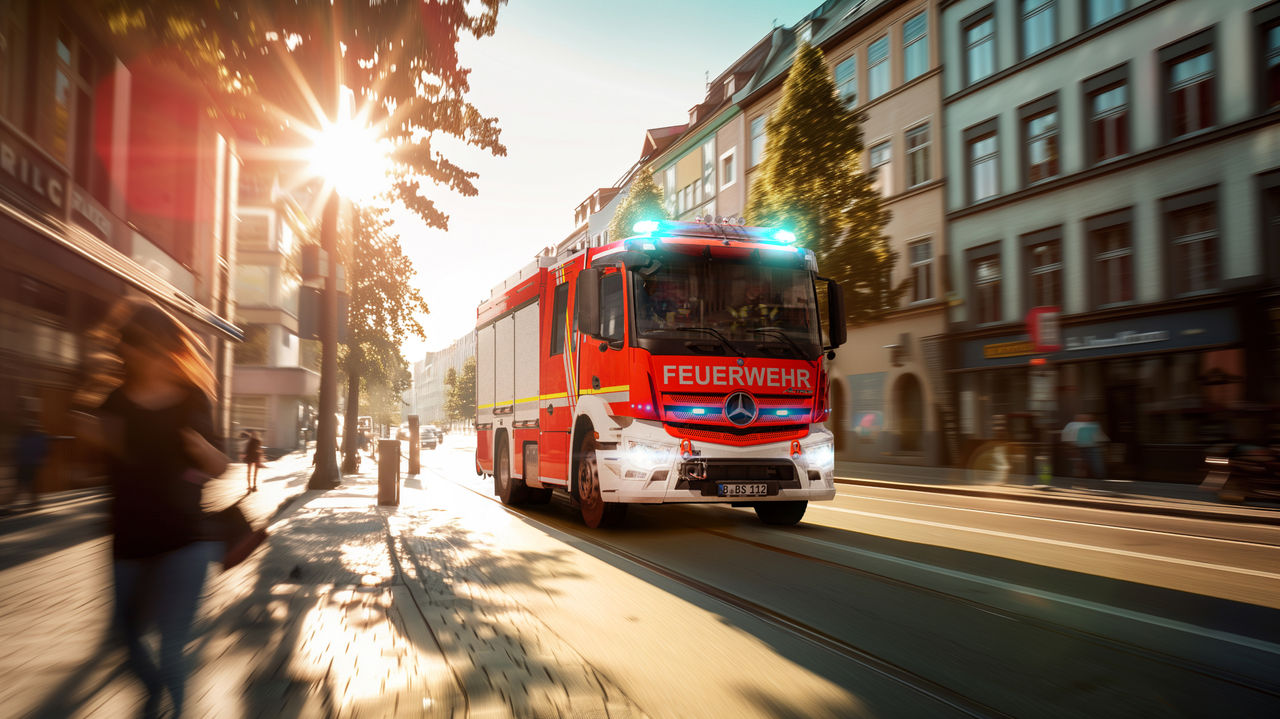 The image shows a red Actros fire-fighting vehicle driving through a city with its blue lights on. The sun shines brightly and casts long shadows on the road. Buildings and trees are visible in the background. A person is walking along the pavement.